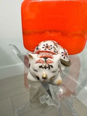 Vtg Andrea by Sadek Sleeping Cat Figurine  Porcelain Signed Florals Japan Made